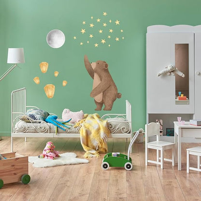 Cute Bear Wall Decals with Moon & Stars - Removable Nursery Wall Stickers for Baby Kids Room, Waterproof Animal Wall Art Decor, Easy to Apply Bedroom Living Room Playroom Murals