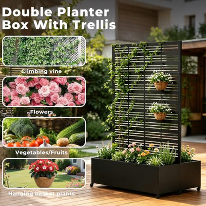 Double Metal Planter Box with Trellis Privacy Screen