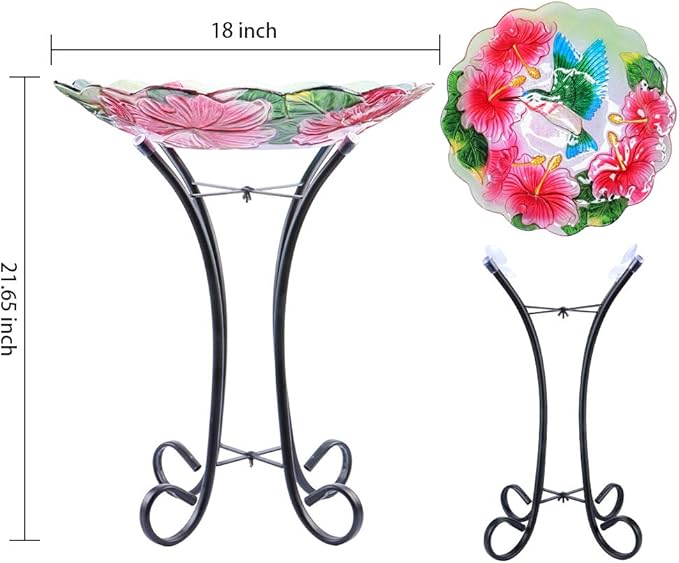 MUMTOP Outdoor Glass Birdbath with Metal Stand for Lawn Yard Garden Hummingbird Decor,18” Dia 21.65” Height