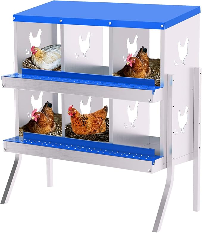 Chicken Nesting Boxes, 6-Hole Roll Away Nest Box for Chicken Coop, Metal Egg Laying Box with Perch & Lid Cover to Protect Eggs, Rollout Egg Collection, Vented Holes-with Legs Blue