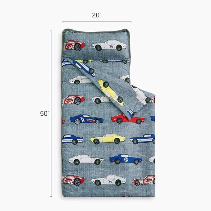Wake In Cloud - Toddler Nap Mat with Pillow and Blanket, for Kids Boys Ages 3 Plus in Kindergarten Daycare Preschool, Roll Up Sleeping Bag, Race Cars Vehicles