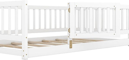 Twin Size Floor Bed Frame with Door and Slats,Montessori Floor Bed with Safety Guardrails for Girls Boys,Solid Wood Kids Montessori Bed Twin Size,White