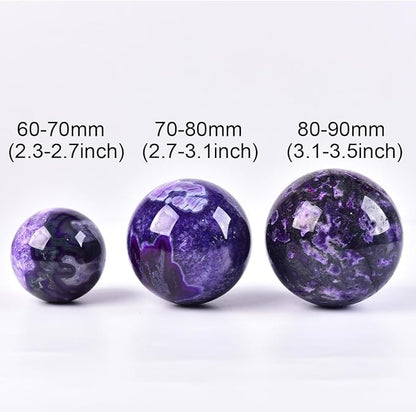 JIC Gem 3.1-3.5 inch(80-90mm) Large Purple Moss Agate Crystal Sphere Quartz Crystal Ball with Stand Healing Ornament Witchcraft Meditation Decor