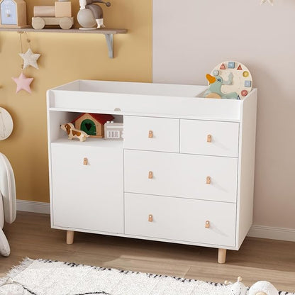 Baby Changing Table Dresser with 5 Drawers, Baby Nursery Dresser with Tilt Out Laundry Basket, Infant Changing Station Organizer for Nursery and Bedroom, White (45" W x 18" D x 37" H)
