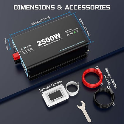 2500W Pure Sine Wave Inverter with Transfer Switch, 12V DC to 120V AC Converter with 2AC Outlets, USB Port, Type-C Port, Remote Controller, Power Inverter for RV, Outdoor, Auto Swtich to Shore Power