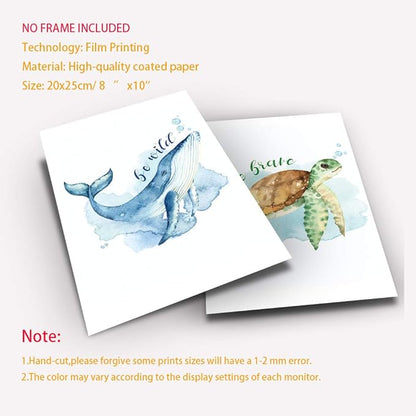 LONLONBANG Funny Watercolor Ocean life Quotes Art Print, Picture Poster for Nursery Kids Girls Bedroom Bathroom Home Decor, Sea turtle sea horse jellyfish whale, Set of 4 8X10 inch, No Frame