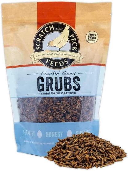 Scratch and Peck Grubs for Chickens and Ducks - 20 oz Bag - Sustainably Sourced - Naturally High Protein, Calcium Dense - Dried Black Soldier Fly Larvae Bird Treats
