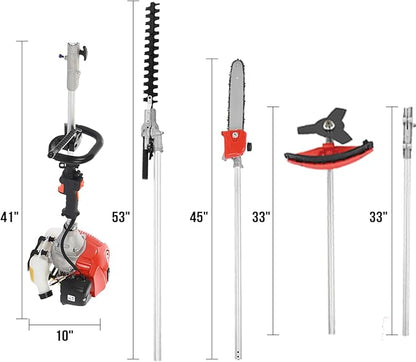 Gas Weed Eater,Weed Wacker 5 in 1 Multi Functional Trimming Tools Gas Hedge Trimmer 52cc Petrol String Trimmer Chainsaw Brush Cutter Pole Saw with Extension Pole Handheld Trimmer for Home Yard Orange