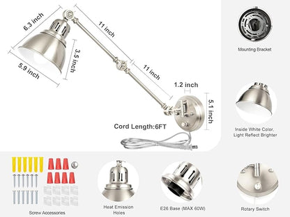 2 Pack Plug in Wall Sconces, Dimmable On Off Switch, Swing Arm Wall Lamps