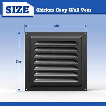 Chicken Coop Metal Wall Vent, 6" x 6" Metal Shed Vent with Built-in Screen for Anti-Debris, Louver Vent Grille for Chicken Coop, Hen House, Poultry Cage, Rabbit Hutch, Black