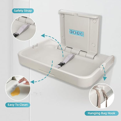 Fold-Down Baby Changing Station Wall-Mount - Modundry Horizontal Baby Change Table with Safety Straps for Commercial Restrooms (White Granite)