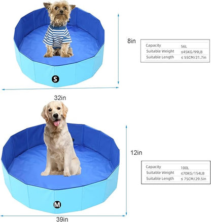 Foldable Pet Dog Kids Swimming Pool(32'' x 8''),Plastic Anti-Slip PVC Bathing Tub Swimming Pool Durable Fiberboard Kiddie Pool Blue