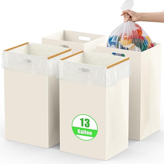 13 Gallon Disposable Trash Cans with Built-in Handles, 4 Pack Extra Large Portable Trash Can, Waterproof Layer Reusable Garbage Cans, Extra-Thick Cardboard Recycling Bins, Perfect for Parties, White