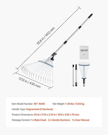 VEVOR Leaf Rake, 18 Metal Tines, Adjustable Garden Rake for Lawns with 7.7-17.1 Inch Head & 32.3-55.6 Inch Long Handle, Heavy Duty Stainless Steel Small Leaves Tool for Gardening Camping Yard Grass