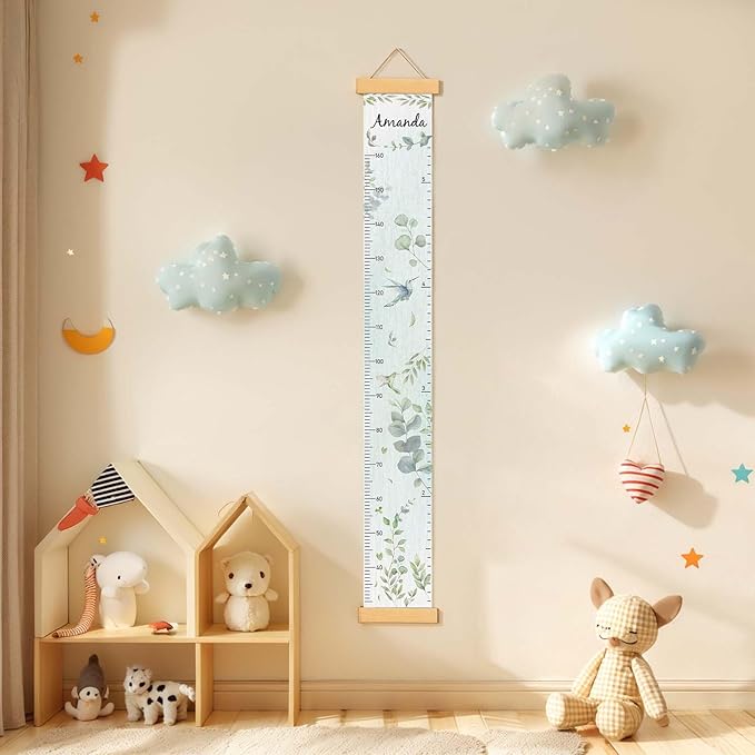 Personalized Name Growth Chart for Wall, Eucalyptus Leaves Canvas Height Chart for Kids Baby Child Toddler Boys Girls, Canvas&Wood Growth Chart for Wall Room Nursery Decor,Easy Care