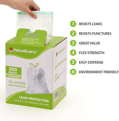 Large Trash Bag 13 Gallon Tall Drawstring 100% Post-Consumer Recycled Garbage Bag Waste Bag for Kitchen Office 0.8 Mil (300 Count)