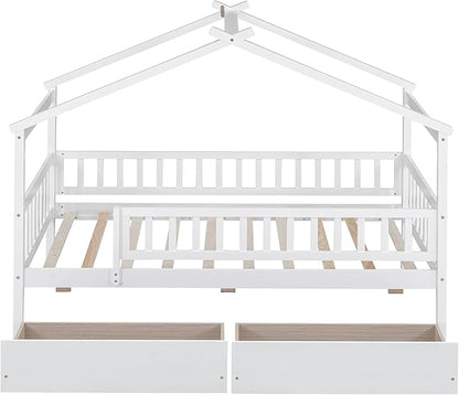 Merax Twin Size Wooden House Bed with Two Drawers, Wood Bed Frame with Roof and Safety Guardrail for Kids, Teens, Boys or Girls, White