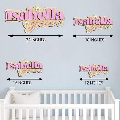Personalized Nursery Name Sign, Custom Wooden Name Sign with Flowers, 3D Layered Wood Wall Decor for Baby Girl Room, Boho Floral Kids Room Name Plaque, 2 Layer /2