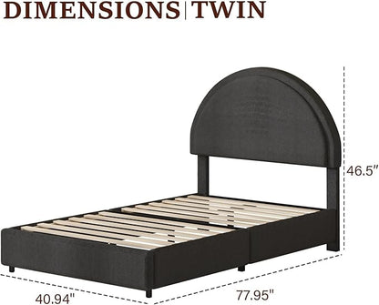 Twin Size Bed Frame, Boucle Upholstered Platform Bed with Headboard, Cloud Bed Frame with Soft Rounded Corners, No Box Spring Required, Easy Assembly, Dark Grey