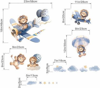 Airplane Animals Wall Stickers - Hot Air Balloon Lion Clouds Wall Decals - Girls Bedroom Baby Nursery Kids Room Wall Decor