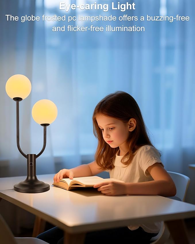 Modern Black Table Lamp for Bedroom, Dimmable Globe Table Lamp 2-Light Desk