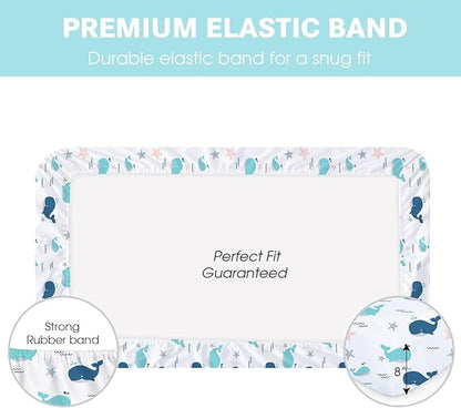 Little Grape Land Waterproof Crib Sheets for Boys Girls, Soft and Breathable Waterproof Baby Crib Sheets 52"x28", Crib Mattress Sheets Neutral for Standard Crib and Toddler Bed Mattress (Whale)