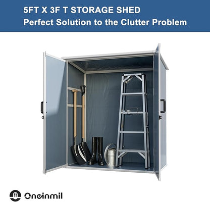 Outdoor Storage Shed, 5x3FT Resin Shed with Floor and Lockable Doors, 80 Cu.Ft Waterproof Patio Storage Cabinet, Plastic Construction for Outdoor Storage