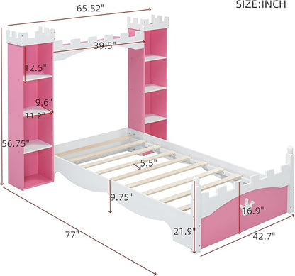 Castle-Shaped Wooden Platform Bed with Storage Shelf, Dreamy Twin Size Kids Platform Bed for Girls Boys Bedroom, Sturdy Slats Support (Pink+White Castle)