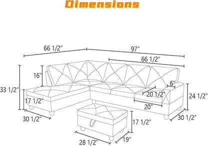 L Shaped Sectional Couch with Otttoman, 97" Leather Sectional Sofa for Living Room Modular Couches with Cup Holders for Bedroom, Apartments, Ginger
