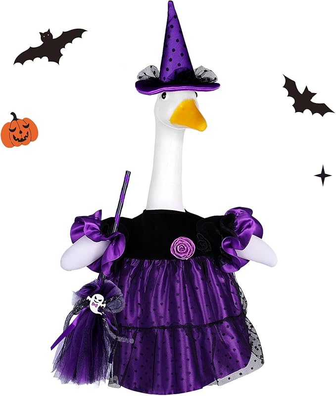 Halloween Goose Outfit Porch Witch Goose Clothes for 23'' Cement Plastic Geese Costume for Yard Lawn Outdoor Garden Patio Statue Holiday Decor