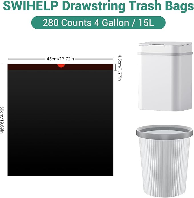 SWIHELP Drawstring Trash Bags 280 Counts 4 Gallon Garbage Bags 15 Liters Plastic Trash Can Liners Waste Basket Bin Liners