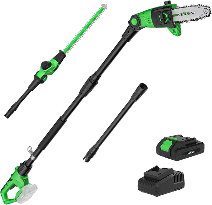 SOYUS Pole Saw 8-Inch Cordless and 18-Inch Pole Hedge Trimmer 2-in-1, 15-Foot Max Reach Pole Saw for Tree Trimming, 16ft/s Speed, Auto Oiling, Multi-Angle Pole Chainsaw with 2.0Ah Battery & Charger