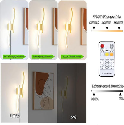 Modern Plug in Wall Sconce Set of 2, 3CCT Adjustable & Memory Function
