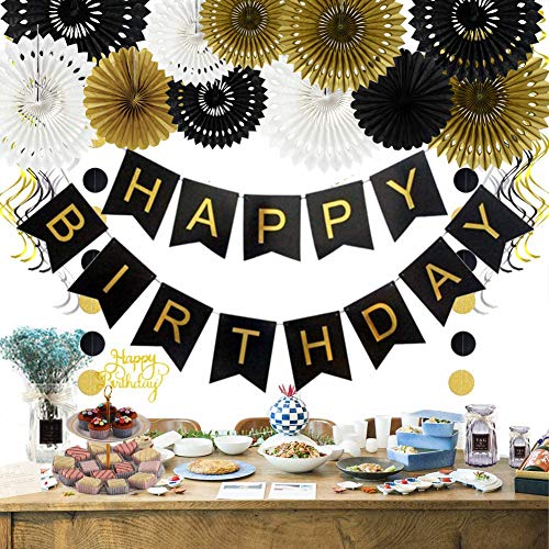 Honeycomb Round Paper Fan Black Gold White Hanging Party Supplies (9 Count)
