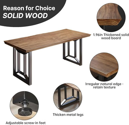 Solid Wood Computer Desk Study Office Desk 55" Writing, Modern Simple Style PC Table, Black Metal Frame, Solid Wood Planks 55" D x 27" W x 29" H for Home Office Bedroom,Rustic Brown