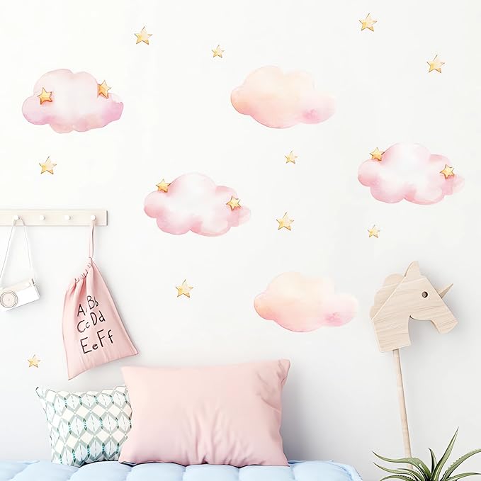 Pink Clouds and Stars Wall Stickers, sacinora Cartoon DIY Art Wall Decals Removable Vinyl Peel and Stick for Kids Baby Nursery Living Room Bedroom Children's Room Playroom Decorations