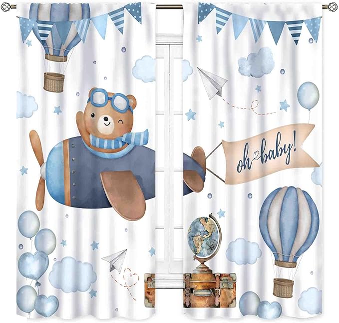 Cartoon Bear Curtains, Kids Boys Girls Cute Lovely Bear Adventure Airplane Cloud Pastel Blue Window Drapery Treatments for Baby Living Room Bedroom Nursey Toddler Classroom 2 Panels, 52"x84" Inch
