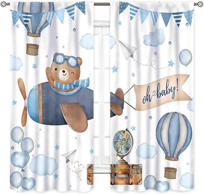 Cartoon Bear Curtains, Kids Boys Girls Cute Lovely Bear Adventure Airplane Cloud Pastel Blue Window Drapery Treatments for Baby Living Room Bedroom Nursey Toddler Classroom 2 Panels, 52"x84" Inch