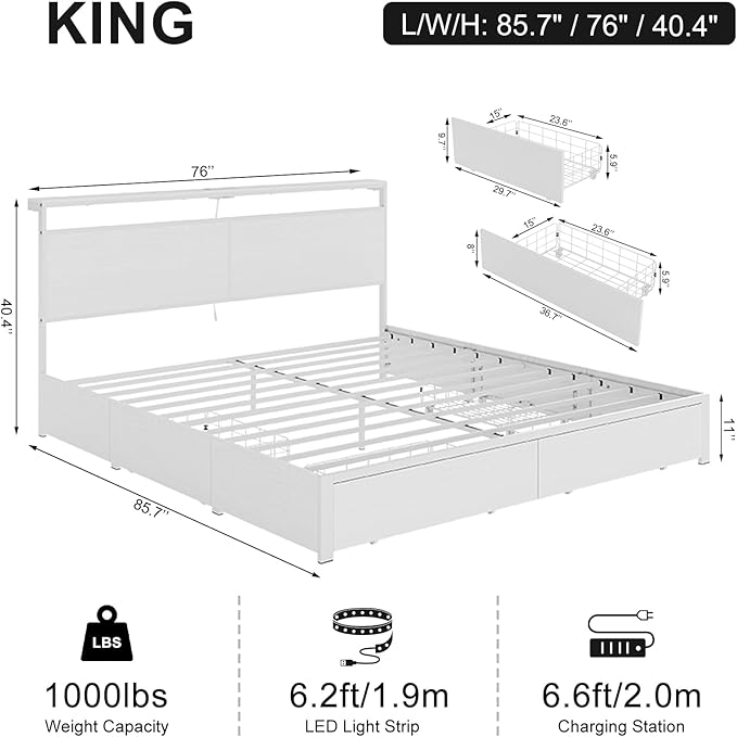 King Bed Frame with 4 Storage Drawers Bed Frame King Size with Headboard LED Lights Charging Station Metal Slats Platform Heavy-Duty Support No Box Spring Needed White