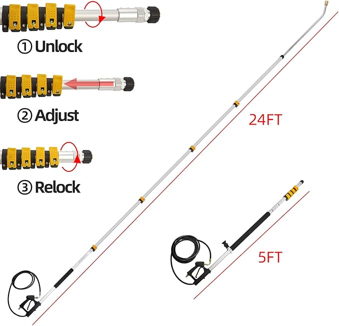 Tecoloy 24 FT Telescoping Pressure Washer Wand with Power Washer Extension Wand, Support Belt, Gutter Cleaner Attachment, 5 Spray Nozzle Tips and 2 Hose Inlet Adapters