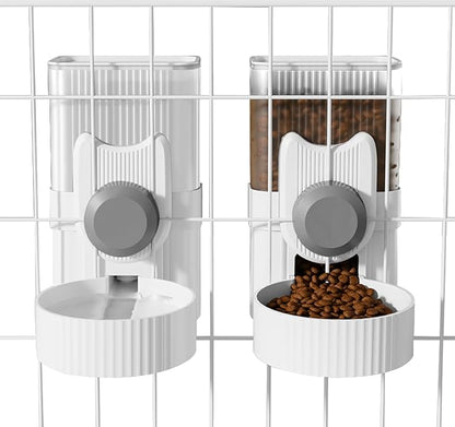 Hanging Cage Automatic Food Water Dispenser, Detachable Auto Gravity 1L Self-Feeding Feeder and Waterer Set, Crate Auto Feeder Dish for Puppy Cats Ferret Bunny Guinea Pig Small Pets (Grey)