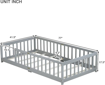 Twin Size Montessori Floor Bed for Kids,Twin Floor Bed Frame with Slats,Solid Wood Twin Bed Frame for Girls Boys,Grey