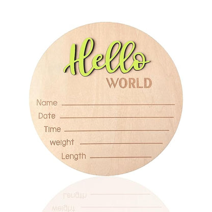 Baby Announcement Sign, 5.9 Inch Wooden Hello World Newborn Signs, Birth Announcement Sign, Baby Shower Hospital Nursery for Newborn Boys and Girls (Wilderness Green)