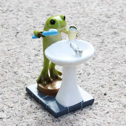 Tfro & Cile Frog Garden Statue Decor Miniature Animal Figurine Outdoor Fairy Brushing Teeth Sculpture for Bathroom - 3.3 Inch Height