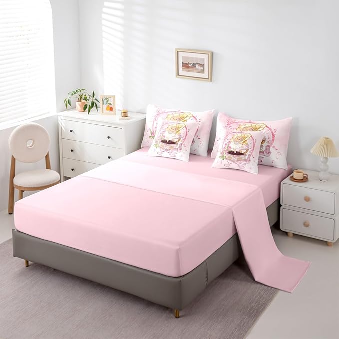 Ballerina Bear Kids Comforter King Size,Record Player Music Note Ballet Shoe 7 Pcs Bedding Set,Bowknot Bow Tie Princess Room Decor,Pink Romantic （Fitted+Sheet+2 Pillowcases+2 Throw Pillow Covers）