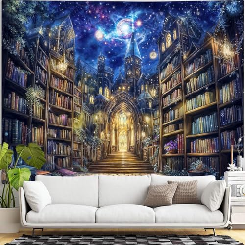 Fantasy Bookshelf Tapestry Space Library Tapestries Wall Hanging Gothic Galaxy Castle Magic Book Extra Large Tapestry for Bedroom Living Room Dorm Classroom 90 x 68 inch