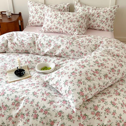 Vintage Flower Comforter Set Queen Girls Cute Pink Floral Bedding Comforter Lightweight Soft Cottagecore Bedding Set Botanical Rose Flowers Print Farmhouse Comforter with 2 Pillowcases