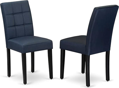 East West Furniture DLAS3-BLK-09 3 Piece Dining Table Set consists A Wood Table and 2 Dark Navy Blue Polyester Fabric Parson Dining Chair with Stylish Back- Black Finish