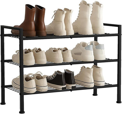 Simple 3 Tier Shoe Rack,Metal Stackable Shoe Storage Organizer for Closet,Entryway, Bedroom, Black (Black, 3-Tier)