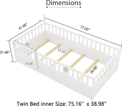 Bellemave Twin Floor Bed with Slats and High Fence, Twin Size Montessori Floor Beds with Door, No Box Spring Needed, Easy Assemble Montessori Bed Frame(White Twin)